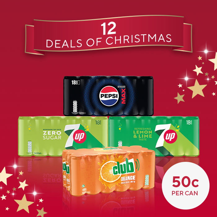 12 Deals of Christmas promotion featuring 18-pack multipacks of Pepsi Max, 7UP Zero Sugar, 7UP Lemon & Lime and Club Orange, with a highlighted price of 50c per can on a red festive background with gold stars.