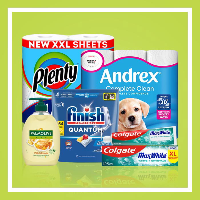Assorted cleaning, cleaning and household products on a green background