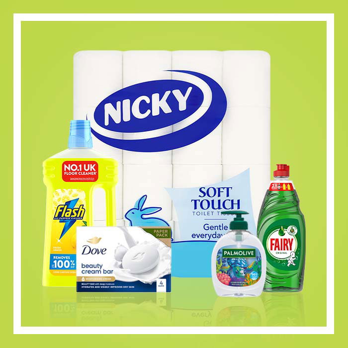 Household essentials including Nicky soft touch toilet rolls in white packaging, bright yellow Flash floor cleaner, Dove beauty cream bar soap, Palmolive hand wash and green Fairy washing up liquid on a light green background