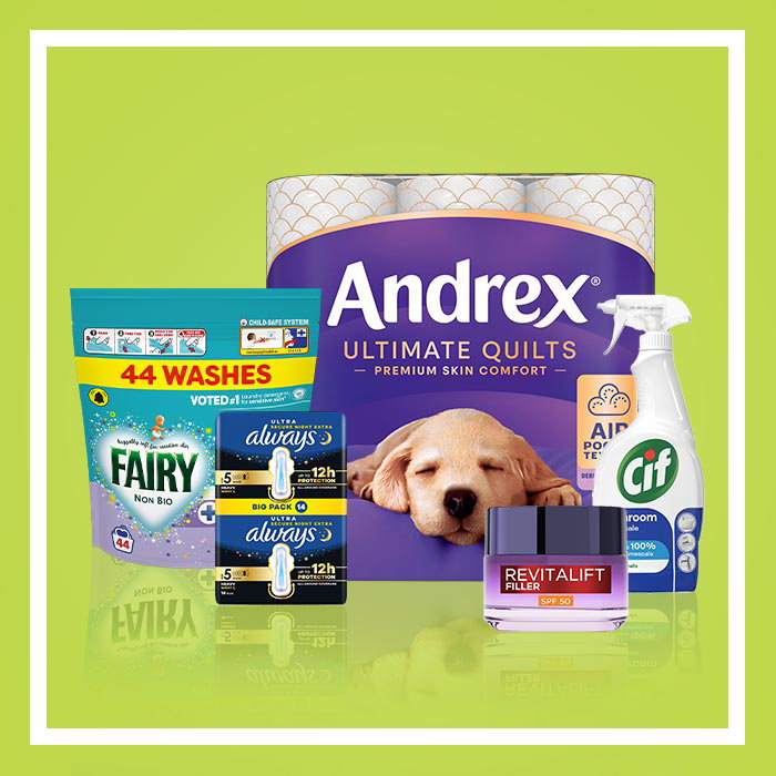 Promotional image featuring Andrex Ultimate Quilts toilet tissue, Fairy Non Bio laundry detergent, Always Ultra sanitary towels, Cif bathroom cleaner and Revitalift Filler SPF 50 face cream on a green background.