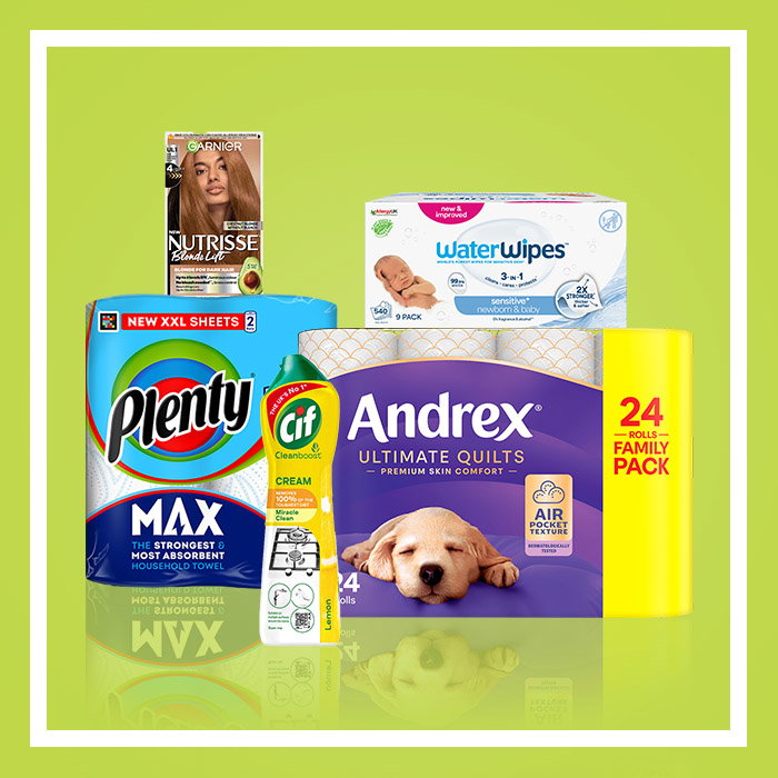 Household and personal care bundle featuring Andrex Ultimate Quilts toilet tissue, Plenty Max kitchen roll, WaterWipes baby wipes, Cif Cream cleaner and Garnier Nutrisse hair colour on a green background.