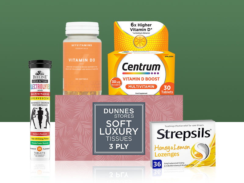 Winter wellness products including Beeline Electrolytes and Multivitamins tablets, MyVitamins Vitamin D3 capsules, Centrum Vitamin D Boost multivitamin tablets, Dunnes Stores Soft Luxury 3 Ply tissues, and Strepsils Honey & Lemon lozenges.