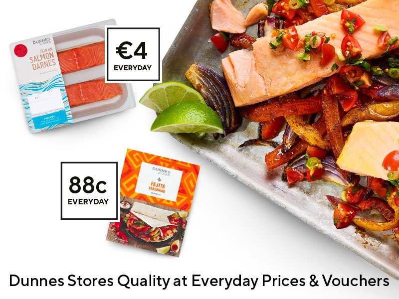 Tray with cooked salmon, roasted veggies, lime wedges, packaged salmon fillets priced &euro;4, and fajita seasoning priced 88c from Dunnes Stores.
