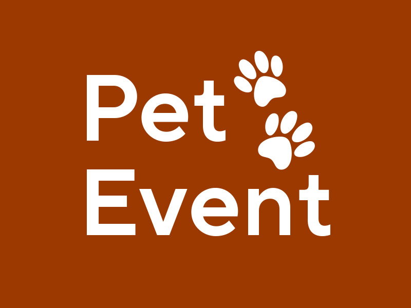 Pet Event text in white on a brown background with paw print graphics.