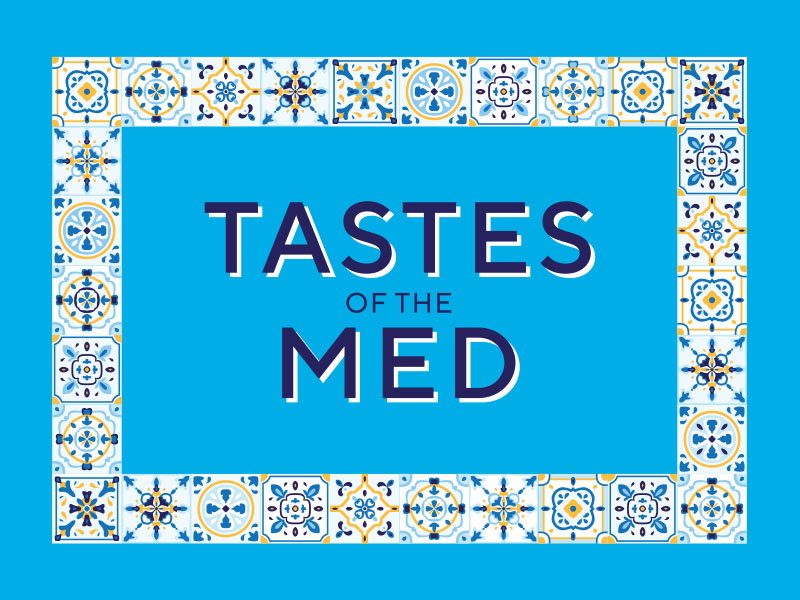 Tastes of the Med text centred on a blue background with decorative Mediterranean tile border