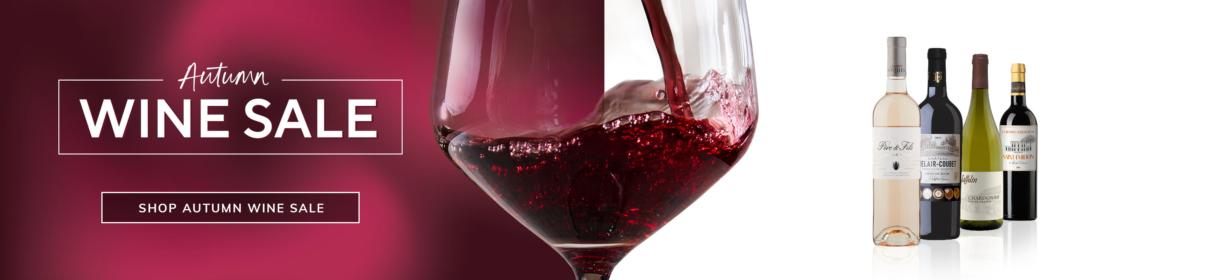 Promotional banner reading “Wine Sale” and “Shop Autumn Wine Sale,” with red wine swirling in a glass beside assorted wine bottles.