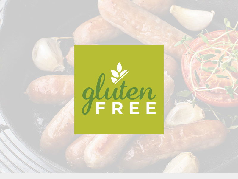 Fresh ingredients including mushrooms, vegetables, and pasta with green 'gluten FREE' label featuring wheat icon. Promotes gluten-free food options and dietary alternatives.