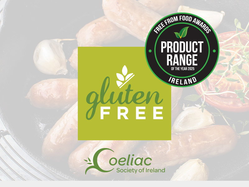 A "gluten-free" logo featuring sausages and garlic, with badges for the 2025 Free From Food Awards from the Coeliac Society of Ireland.