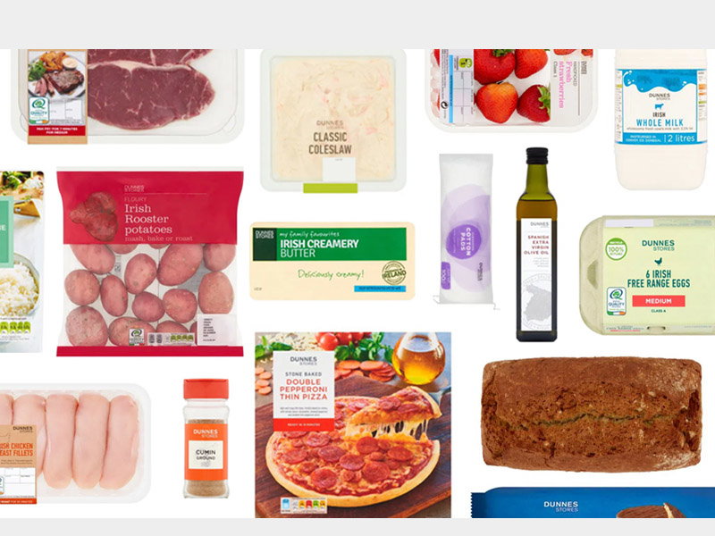 A variety of grocery items including meats, potatoes, dairy products, pizza, and condiments, arranged on a white background.
