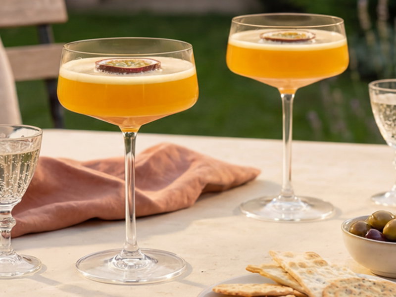 Two coupe glasses with orange cocktails garnished with passion fruit slices on an outdoor table with snacks.