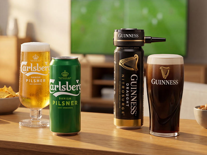 Two glasses and cans of Carlsberg Danish Pilsner and Guinness Draught Nitrosurge beer on a wooden table in a cozy living room setting.