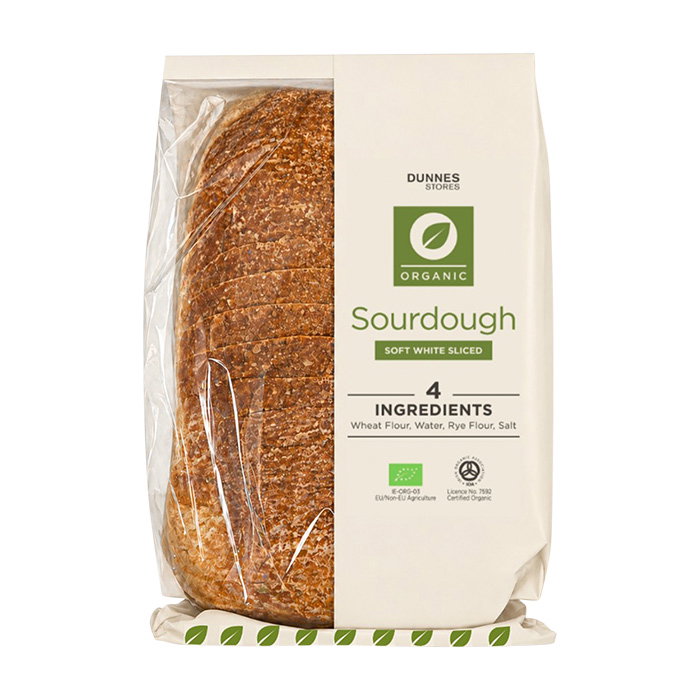 Dunnes Stores Organic Sourdough soft white sliced loaf in branded packaging