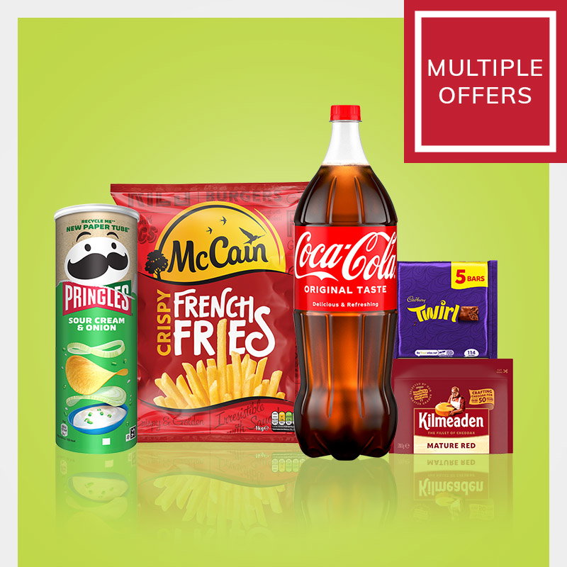 Promotional grocery offers featuring Pringles Sour Cream & Onion crisps, McCain Crispy French Fries, Coca-Cola Original Taste, Cadbury Twirl chocolate bars and Kilmeaden Mature Red cheddar cheese on a light green background, with a Multiple Offers label.
