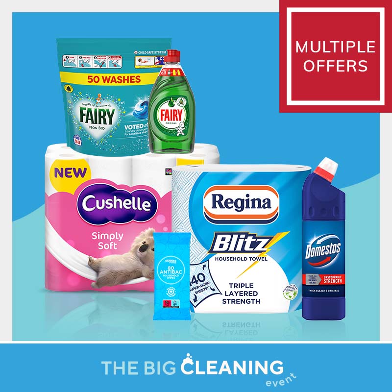 Promotional graphic for The Big Cleaning Event featuring multiple cleaning and household offers, including Fairy washing products, Domestos toilet cleaner, Cushelle toilet tissue, Regina Blitz household towel and antibacterial wipes.
