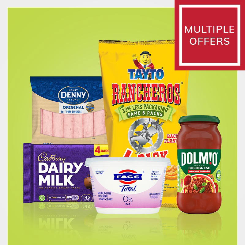 A selection of branded grocery items on a green background with a promotional red square calling out "multiple offers"