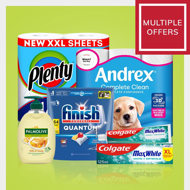 Household products on a green background, including Plenty paper towels, Andrex toilet tissue, Palmolive hand wash, Finish dishwasher tablets, and Colgate toothpaste. A red label reads "MULTIPLE OFFERS."