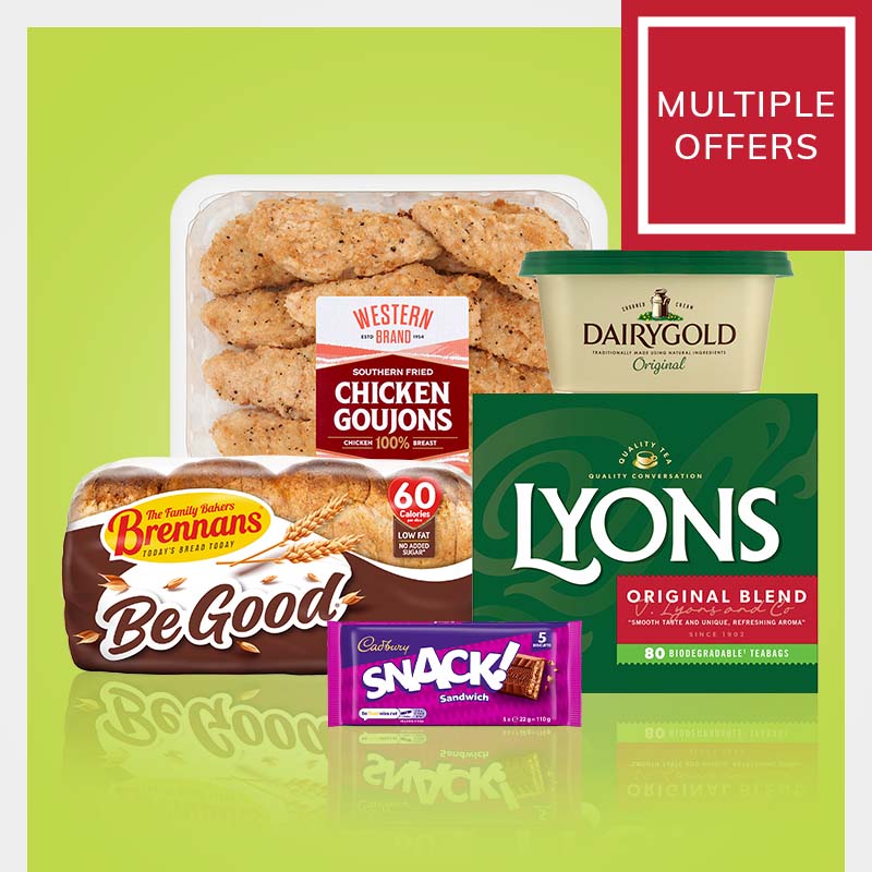 Promotional grocery bundle including Western Brand Southern Fried chicken goujons, Brennans Be Good bread, Dairygold Original spread, Lyons Original Blend tea and Cadbury Snack bars with multiple offers label