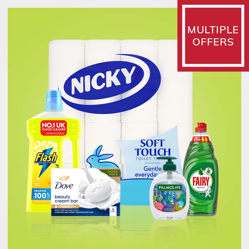Household essentials including Nicky soft touch toilet rolls in white packaging, bright yellow Flash floor cleaner, Dove beauty cream bar soap, Palmolive hand wash and green Fairy washing up liquid on a light green background