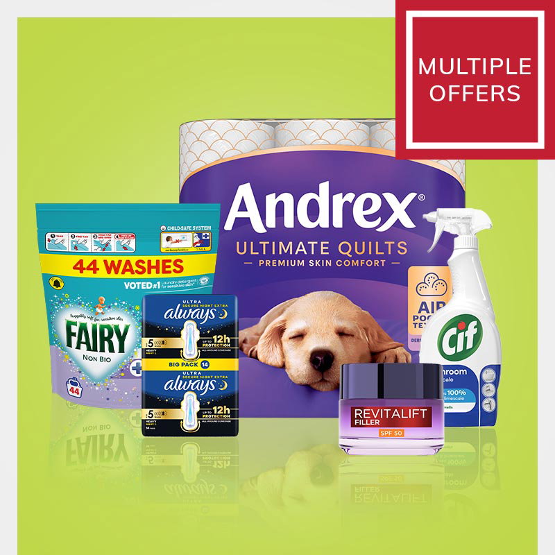 Promotional image featuring Andrex Ultimate Quilts toilet tissue, Fairy Non Bio laundry detergent, Always Ultra sanitary towels, Cif bathroom cleaner and Revitalift Filler SPF 50 face cream on a green background.