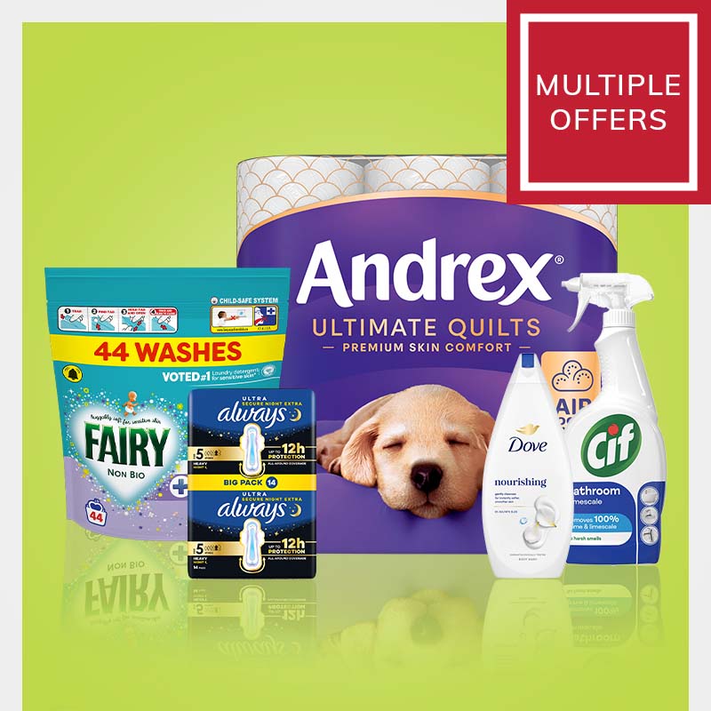 Selection of household and personal care products including Andrex Ultimate Quilts toilet tissue, Fairy Non Bio washing detergent, Always Ultra sanitary towels, Dove Nourishing Care body wash and Cif Bathroom cleaner on a green background with text in top right saying "Multiple Offers"