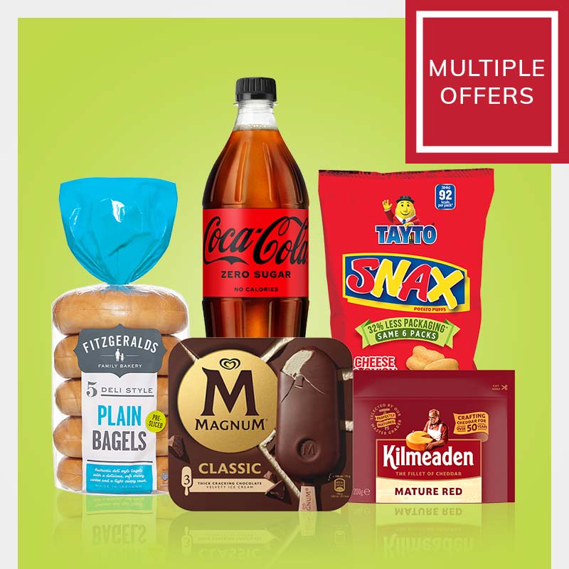 Promotional image showing multiple grocery offers including Fitzgeralds plain bagels, Coca-Cola Zero Sugar, Tayto Snax cheese potato puffs, Magnum Classic ice cream bars and Kilmeaden Mature Red cheddar cheese on a light green background.