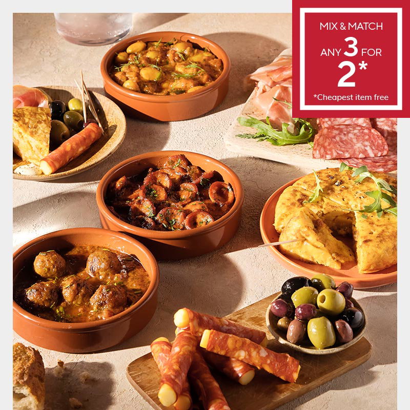 Selection of tapas-style foods including meatballs, chorizo, olives, cured meats and Spanish tortilla, with a Mix & Match any 3 for 2 offer promotion.