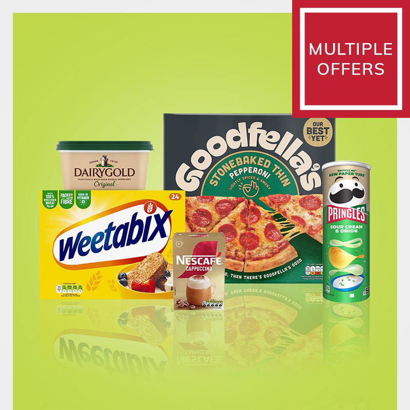Promotional image showing multiple grocery offers including Weetabix cereal, Goodfella's Stonebaked Thin Pepperoni pizza, Dairygold Original spread, Nescafé Cappuccino sachets and Pringles Sour Cream & Onion crisps on a light green background.