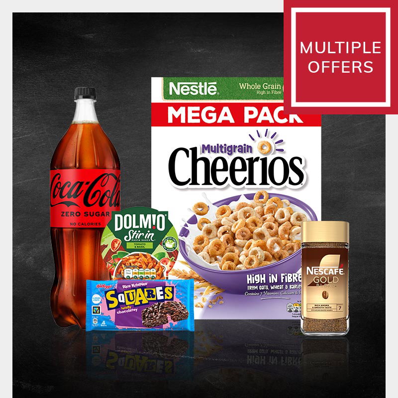 Back to school related products including Coca-Cola Zero Sugar, Nestlé Cheerios, Dolmio pasta sauce, Kellogg’s Rice Krispies Squares and Nescafé Gold Blend on a chalkboard background.