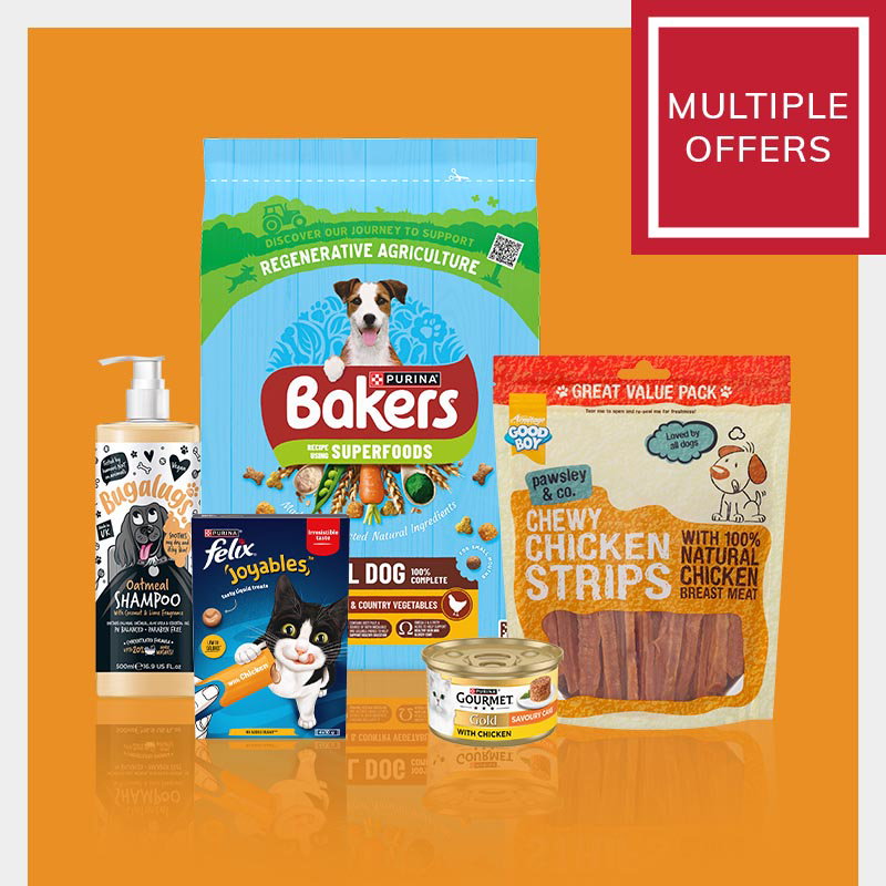 Promotional image for Dunnes Stores Pet Event featuring Bakers Superfoods dry dog food, Good Boy chewy chicken strips dog treats, Bugalugs oatmeal dog shampoo, Felix Joyables cat treats and Gourmet Gold cat food on an orange background with a multiple offers badge.