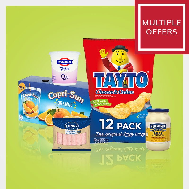 Multiple grocery offers featuring Tayto Cheese & Onion crisps, Capri-Sun Orange drinks, Fage Total 0% fat yoghurt, Denny Original ham and Hellmann’s Real Mayonnaise on a green background.