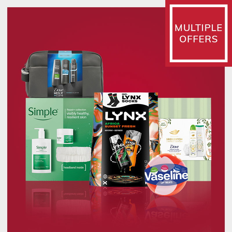 Promotional image showing gift set offers including Dove Men+Care toiletries gift bag, Simple skincare collection, Lynx Africa Sunset Fresh gift set with socks, Dove Bridgerton Limited Edition gift set and Vaseline Lip Treats.