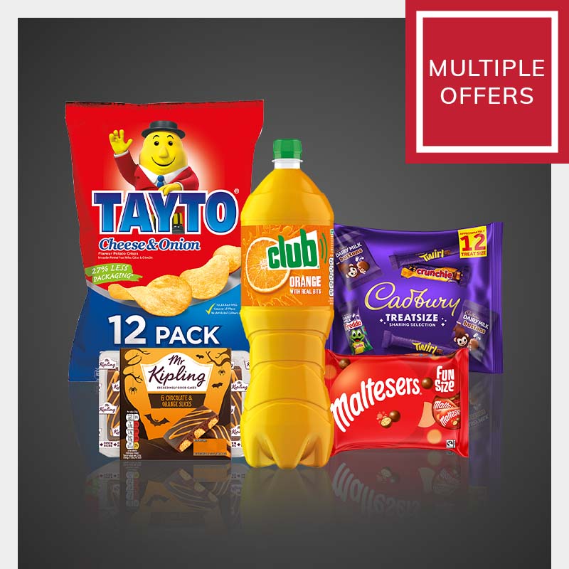 Promotional image featuring multiple offers including Tayto Cheese & Onion 12-pack crisps, Club Orange drink, Cadbury Treatsize sharing selection, Maltesers Fun Size chocolates and Mr Kipling chocolate and orange slices.