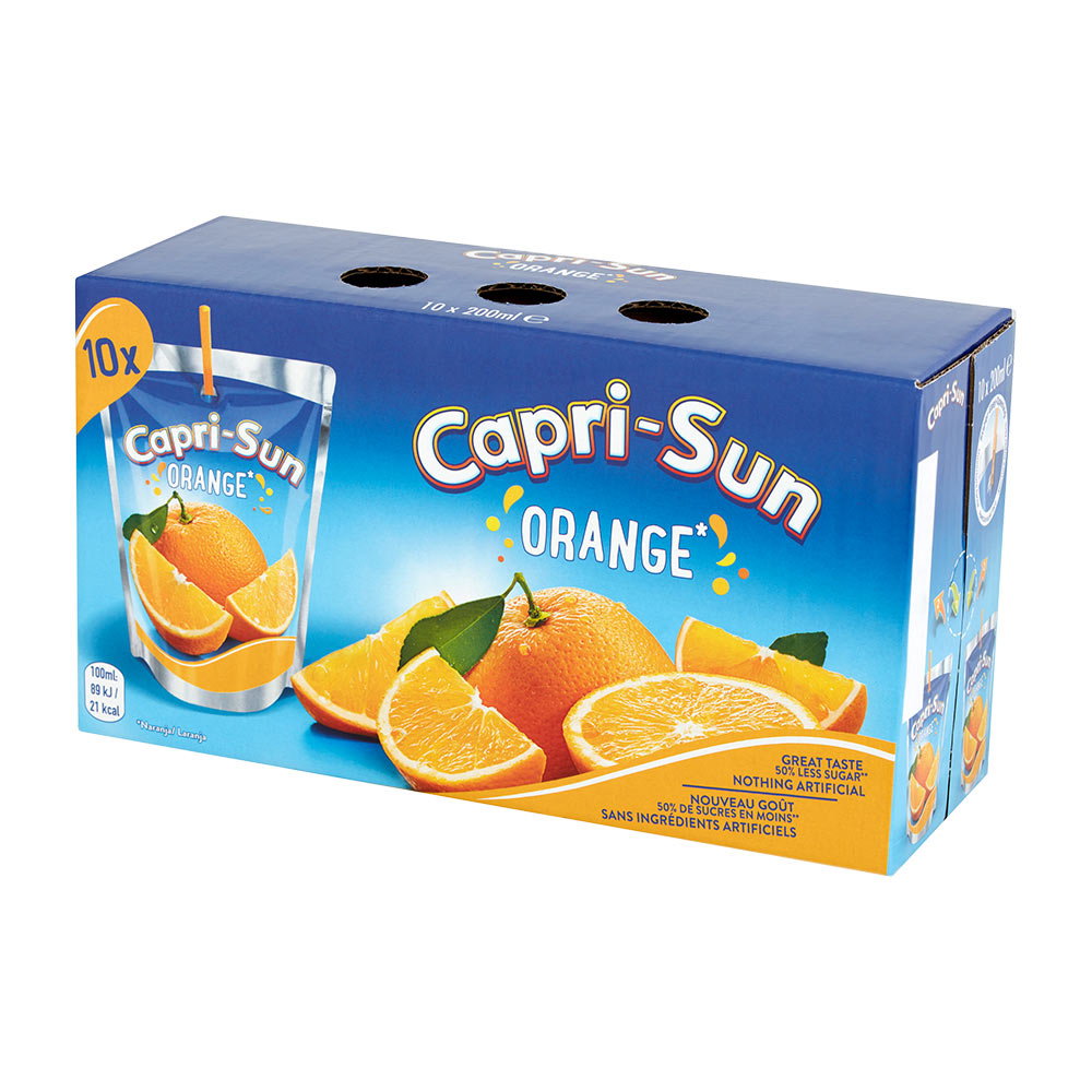 Box of Capri-Sun Orange drinks showing 10 multipack of 200ml pouches with images of oranges and slices on blue packaging