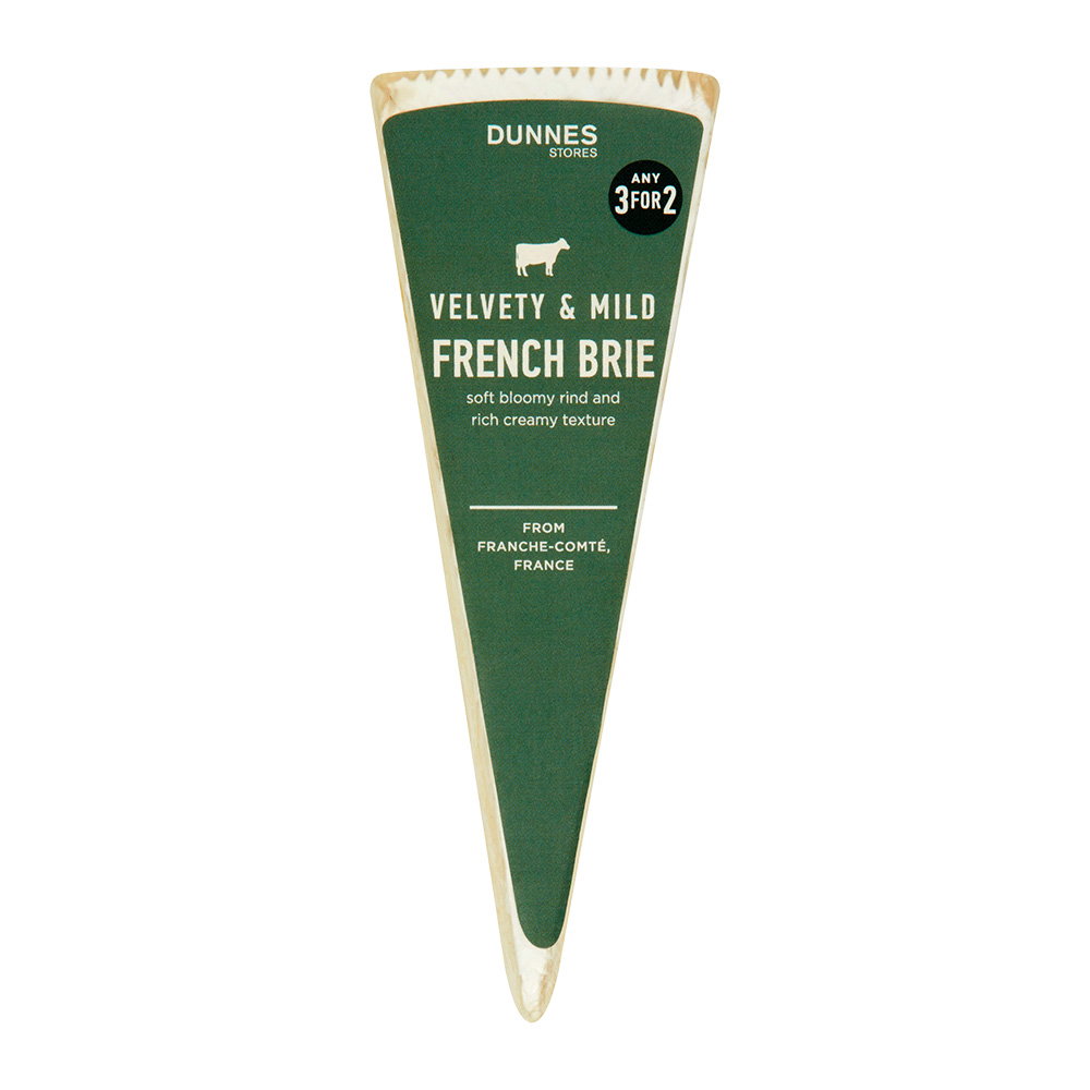 Dunnes Stores Velvety & Mild French Brie cheese wedge with green label, soft bloomy rind, from Franche-Comt&eacute; France, with any 3 for 2 offer badge