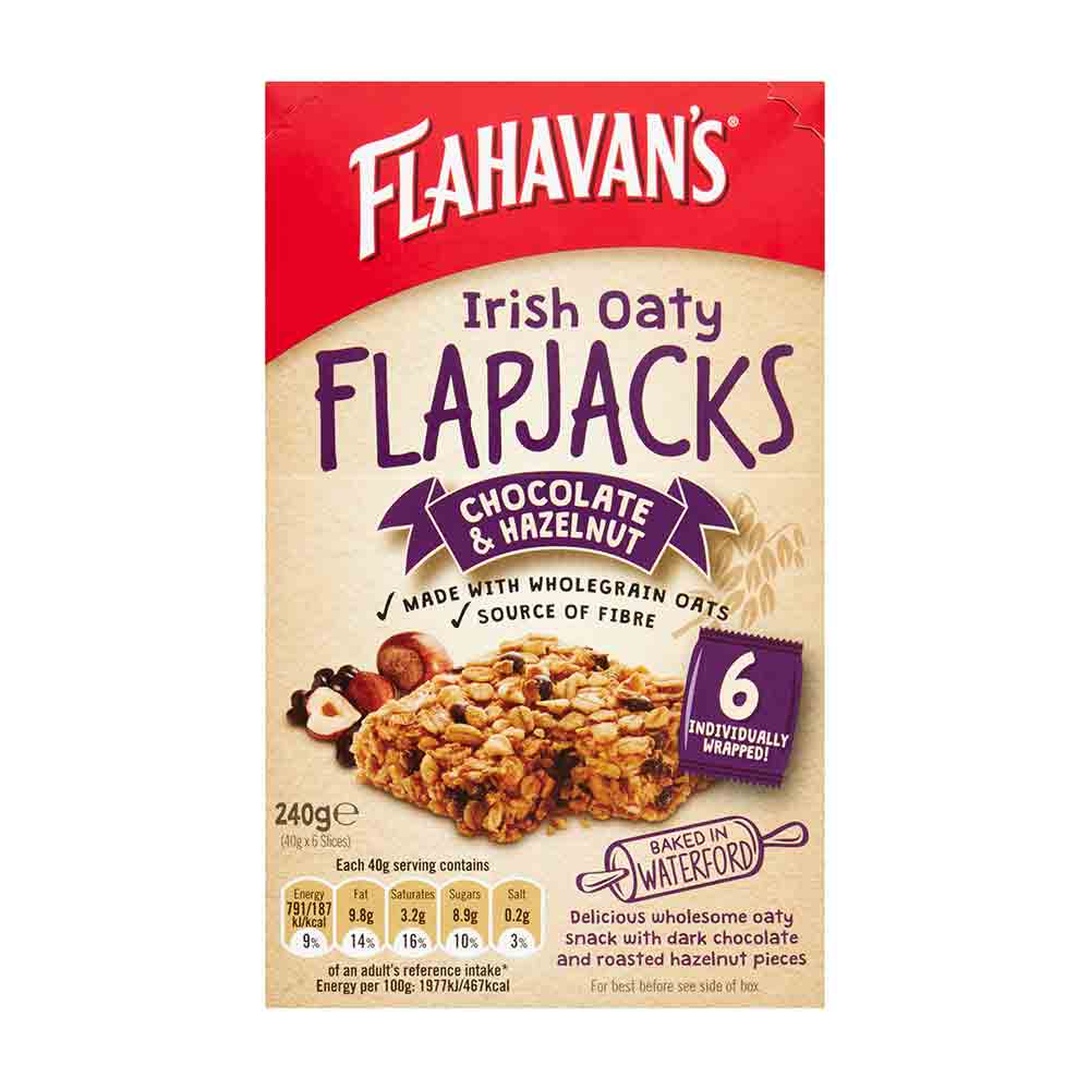 Flahavan&rsquo;s Irish Oaty Flapjacks Chocolate & Hazelnut multipack box containing six individually wrapped flapjacks