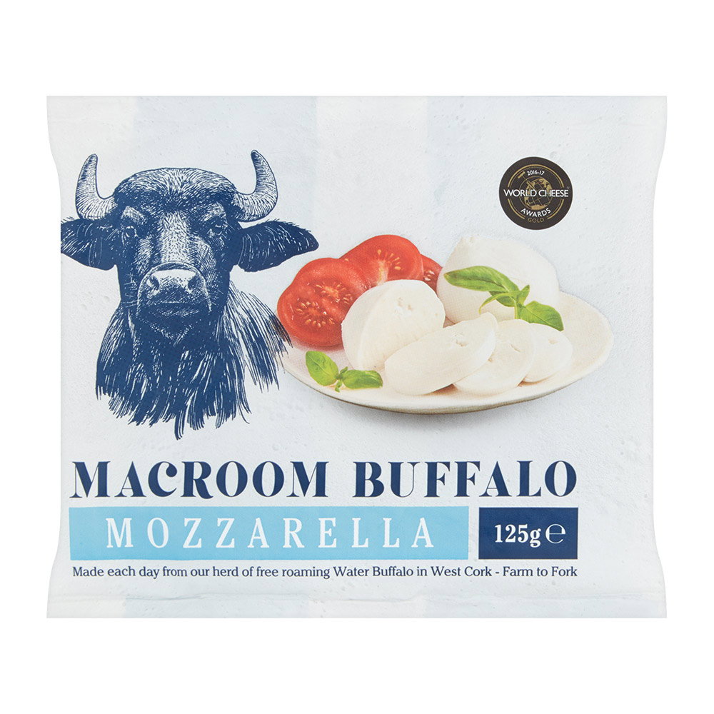 Macroom Buffalo Mozzarella 125g pack featuring a blue buffalo illustration, mozzarella slices with tomato and basil.