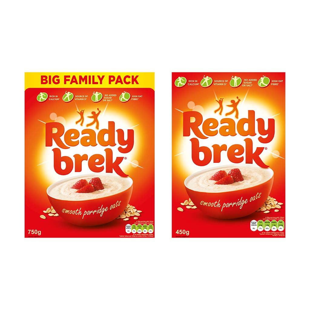 Side-by-side of Ready Brek smooth porridge oats packaging, showing a 750g Big Family Pack on the left and a standard 450g pack on the right.