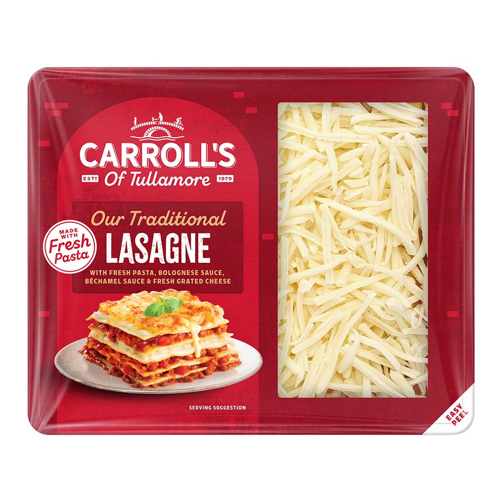 Carroll's of Tullamore traditional lasagne ready meal in a red tray, showing grated cheese through a clear window and an image of cooked lasagne on the packaging.