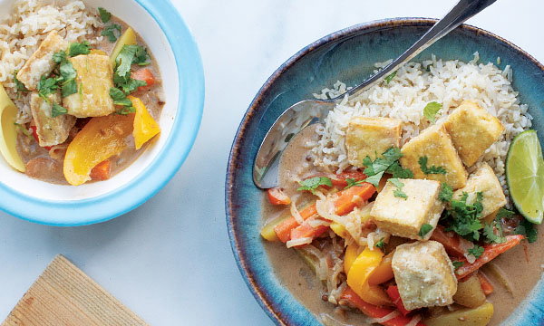 A vibrant meal with crispy tofu, colourful bell peppers, and rice is served in two bowls. Garnished with coriander and lime, it looks fresh and appetising.