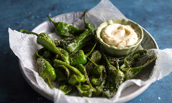 A plate of roasted padr&oacute;n peppers sprinkled with salt on parchment paper, accompanied by a small green bowl of creamy dip, all set on a blue surface.