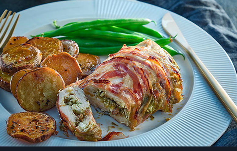 Pesto-Stuffed Chicken Breasts with Rustic Mixed Potatoes