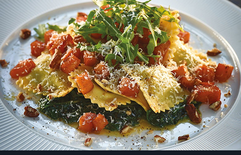 Buffalo Milk Ricotta & Spinach Ravioli with Butternut Squash and Toasted Pecans