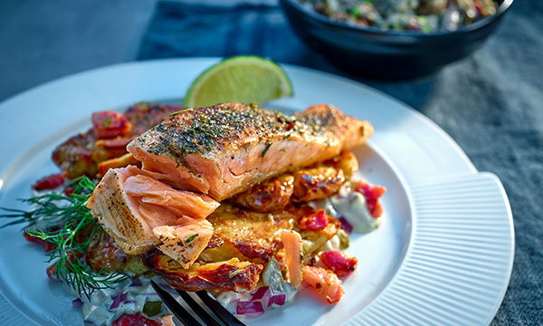Grilled salmon fillet on crispy potato pancakes, garnished with dill and lime, atop a white plate. Colourful vegetables add vibrancy and freshness.