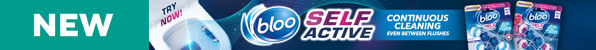 Ad: Promotional banner for Bloo Self Active toilet cleaner showing the product packaging, a toilet bowl demonstration, and the text ‘New’, ‘Try Now’, and ‘Continuous cleaning even between flushes’