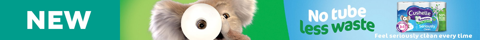 Ad: Cushelle promotional banner featuring 'NEW' text, a koala holding a toilet roll, and messaging 'No tube less waste' alongside Cushelle tubeless toilet paper packaging
