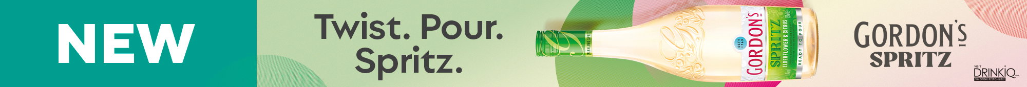 Ad: Promotional banner featuring the word ‘NEW’ and a bottle of Gordon’s Spritz with the text ‘Twist. Pour. Spritz.’ and ‘Gordon’s Spritz’, set against a soft green and pastel background
