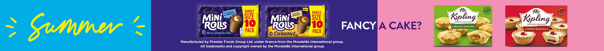 Ad: Promotional summer banner featuring the word ‘Summer’, Cadbury Mini Rolls multipacks in chocolate and caramel, and Mr Kipling cakes including apple pies and cherry Bakewells, with the text ‘Fancy a cake?’ on a purple and pink background