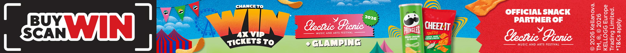 Ad: Promotional banner for Pringles and Cheez-It featuring ‘Buy Scan Win’ and the chance to win 4x VIP tickets to Electric Picnic 2026 with glamping, alongside images of snack packs, on a colourful festival-themed background