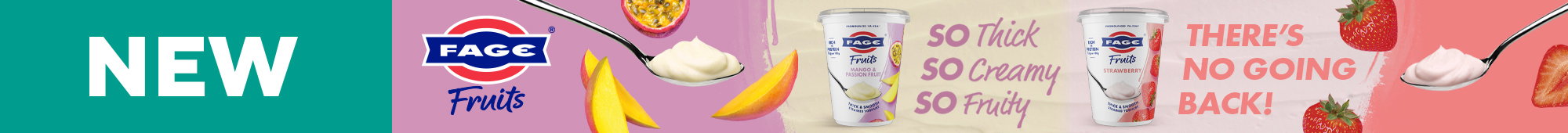 Ad: New FAGE Fruits yogurt featuring mango passion fruit and strawberry flavours, described as thick, creamy, and fruity with no going back.