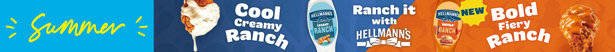 Ad: Summer Ranch sauces banner showing Hellmann's Creamy Ranch and new Buffalo Ranch with fried chicken wings.